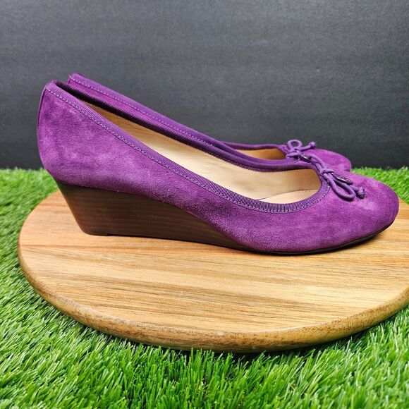 Tory Burch Purple Leather Suede Chelsea Wedge Heels Bow Logo Round Toe 10 M - Picture 1 of 12